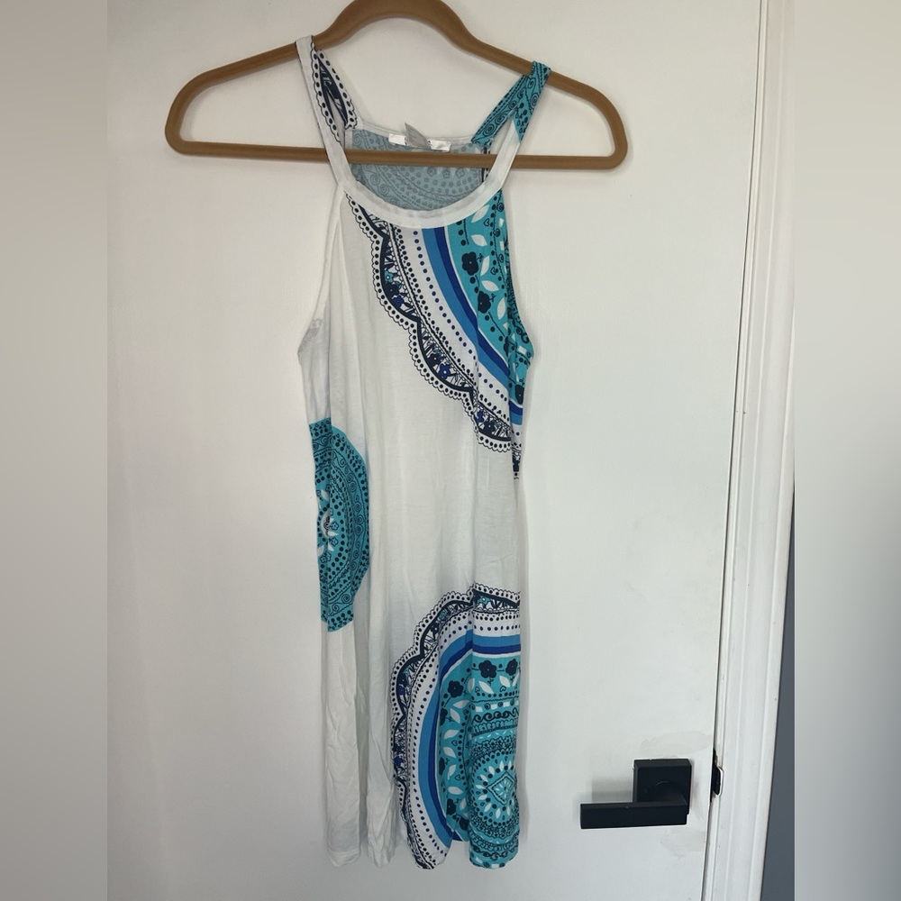 White Midi Dress with Blue Teal Mandala Print